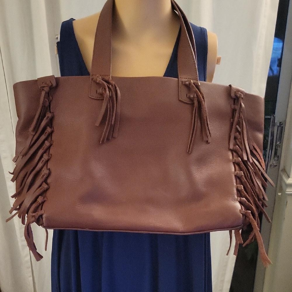 Free People Fringe Brown Leather Tote Bag. New Without Tags